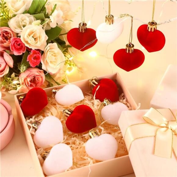 12 Pcs Valentine‘s Day Velvet Heart Ornaments Red White Heart Shaped Baubles - Picture 5 of 7